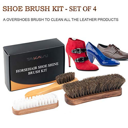 TAKAVU Shoe Shine Kit 4pcs, 100% Horse Hair, Polish & Crepe Suede Brush | HorseHair Shoe Cleaning Brushes, Polish Applicator Dauber & Buffing Cloth, Leather Care for Boots, Dress Shoes & Bags