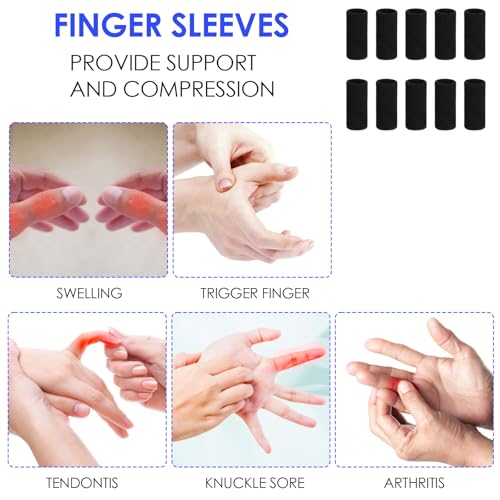 Dimeho 10 Pcs Finger Sleeves Protectors, Sport Finger Splints Elastic Thumb Splint Brace for Finger Support Finger Sleeves Compression Aid for Relieving Pain Arthritis Finger (Black)