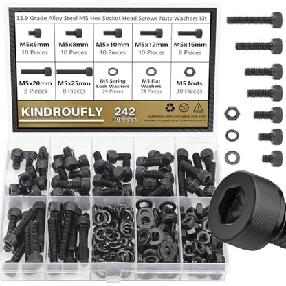 242 Pieces Black M5 x 6/8 /10/12 /16/20 /25mm Hex Socket Head Cap Screws Nuts Washers Assortment Kit, 12.9 Grade Alloy Steel - size: M5, style: Socket Head