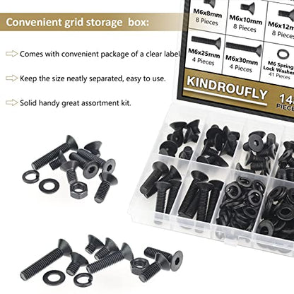 148 Pieces Black M6 x 8/10 /12/16 /20/25 /30mm Countersunk Head Socket Cap Screws Nuts Washers Assortment Kit, 10.9 Grade Alloy Steel - size: M6, style: Countersunk Head