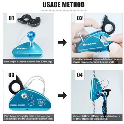 Detachable Climbing Ascender 15kN Rope Grab Ascender, Flip Line Adjuster, Fall Protection Belay Device for Rock Climbing,Tree Arborist/Fit for 11~13 MM Rope - color: Blue-detachable