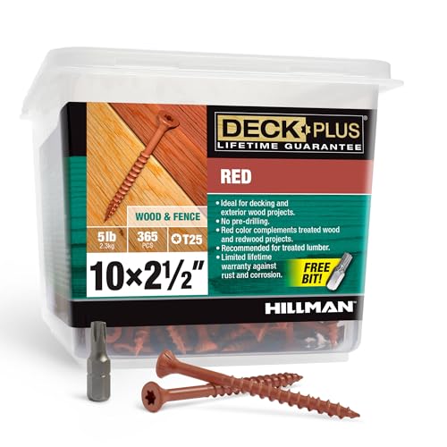 Deck Plus 2-1/2 Inch Epoxy Coated Exterior Wood and Fence Screws #10 x 2-1/2" Torx/Star Drive Included Coarse Thread, Outdoor Rust Resistant Decking Screw, Red, 5lb Box, 365 Pieces | 48430 - color: Red, size: #10 x 2-1/2", style: 365 pcs