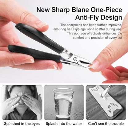 Eagle Beak Nail Clippers for Ingrown & Thick Nails – Beveled/Slanted/Angled Blades, Long Handle Wide Jaw, Anti-Splash Ultra Sharp Stainless Steel Edge 3-Piece Set for Men/Women (Black) - color: Black