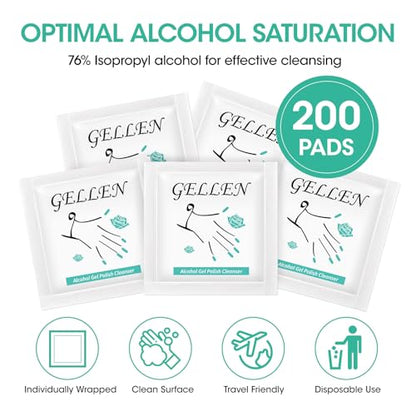 GELLEN Nail Cleanser Pads, 200 Pack Alcohol Prep Pads Individually Wrapped | Nail Cleanser Wipes Remove Tacky Residue, Lint-free Glossy Wipes for Acrylic/Builder/Gel Polish Travel for Perfect Manicure - size: 200PCS