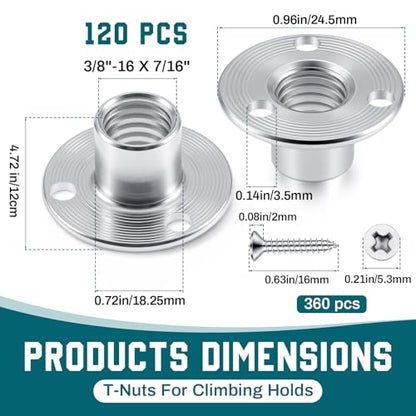 120 Pcs 3/8-16 x 7/16" T-Nuts with 360 Pcs Screws for Climbing | Brad Hole Tee Nut Corrosion Resistant Heavy Duty Flange Female Thread Insert Nuts for Wood Rock Climbing Holds Furniture