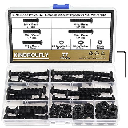 77 Pieces Black M8 x 30/35 /40/45 /50 mm Button Head Socket Cap Screws Nuts Washers Assortment Kit, 10.9 Grade Alloy Steel - size: M8 x 30/35/40/45/50mm, style: Button Head