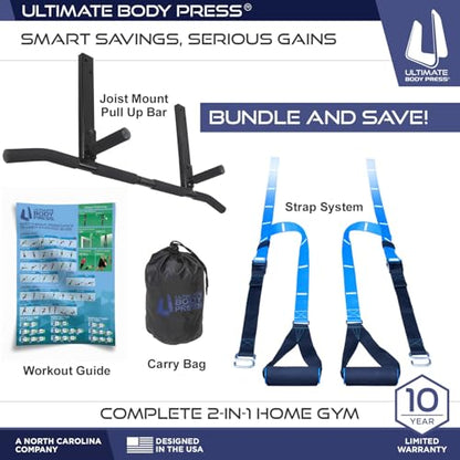 Joist Mount Pull Up Bar with Extra Hardware and Mounting Template for Easy Install to Beam or Rafter by Ultimate Body Press - color: Joist Mount Pull Up Bar and Strap System
