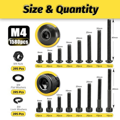 Kadrick Metric Screws Assortment,1580 Pcs M4 Screws Nuts Washers Assortment M4x6MM-40MM, Hex Socket Button & Cap Head M4 Machine Bolts Kit, 12.9 & 10.9 Grade Black Alloy Steel for 3D Printing - size: M4 1580Pcs 6-40mm