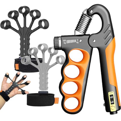 Hand Grips Strengthener, Forearm Strength Trainer- Adjustable Resistance 11-220Lbs Hand gripper with Counting,Finger Exerciser,Hand Extension Exerciser for Muscle Building and Injury Recover Combo Set - color: Gray Combo Set
