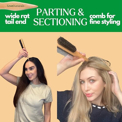 GranNaturals Boar Bristle Slick Back Hair Brush w/ Comb for Smoothing Sleek Ponytail Bun - Wide Rat Tail & Metal Comb Hairbrush for Parting, Teasing, Backcombing, Sectioning, Edge Control, Flyaways