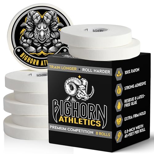Bighorn Athletics BJJ Competition Finger Tape, 0.5" x 45ft, 8 Rolls, White | Rayon finger tape – 50% stronger than cotton. Residue-free, sweat-proof adhesive for Jiu Jitsu competition & hard training. - color: White, size: 0.5-Inch