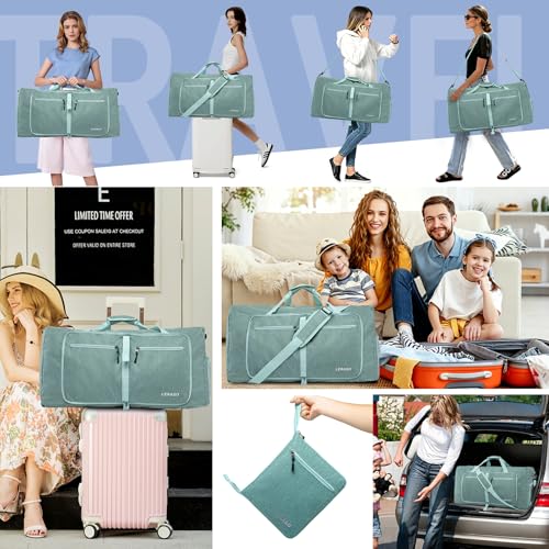 65L Foldable Duffle Bag with Shoe Compartment - Large Travel Duffel Bag for Men & Women, Packable Weekend Bag with Trolley Sleeve, Water-Resistant & Lightweight Gym Bag for Travel, Sports（Green） - color: Green