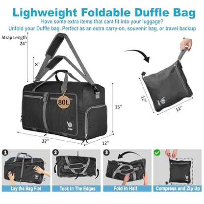 Bago 80L Travel Duffle Bag - Foldable Weekender Bag For Women & Men - Lightweight tier-resistant waterproof Shoe Pocket (Black) - color: Black, size: 80L