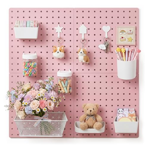 4-Pack Pegboard Wall Organizer, 11” x 11” Wall Mounted Boards with 10 Accessories, for Study Room, Kitchen, Garage, ABS Plastic, Screw or Adhesive Installation, Supports up to 110 lbs (Pink) - color: Light Pink