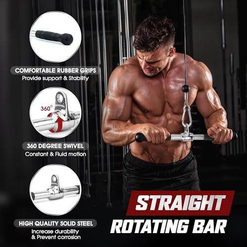 Yes4All Cable Machine Attachment, Double D Handle & Tricep Rope Cable Attachment, Weight Machine Accessories Load 880 LB for Home Gym - color: H. Metal rotating bar rubber chrome
