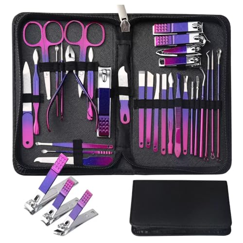 30pcs Professional Stainless Steel Manicure & Pedicure Kit Suitable for - Complete Nail Care with Nail Clippers, Cuticle Trimmer, Ear Spoon & Files, Portable Storage Case - Ideal for, Travel - color: Purple