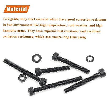 HELIFOUNER 240 Pieces M5 x 30mm /35mm /40mm /45mm /50mm, Hex Socket Head Cap Metric Screws Bolts Washers Nuts Kit, 12.9 Grade Alloy Steel, Fully Threaded, Black - size: M5 x 30/35/40/45/50mm, style: Socket Head