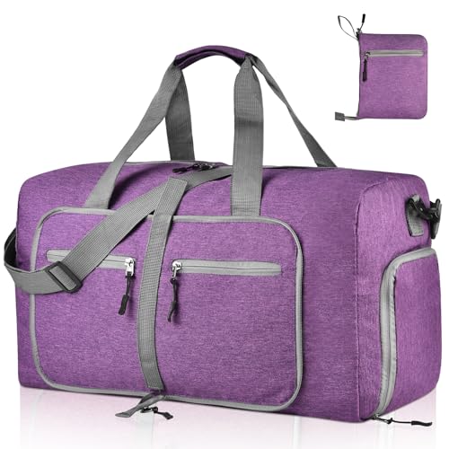 Dimayar 65L Foldable Duffle Bag, Travel & Weekender, Overnight, Gym | Lightweight, Carry-on, Packable, Waterproof & Tear Resistant, Travel Duffel Bag with Shoes Compartment for Men Women - color: Purple, size: 65L
