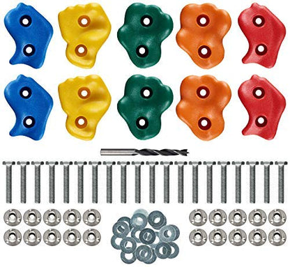 10 Assorted Deluxe Rock Climbing Holds for Kids :: Outdoor Climbing Stones Kit with 20 Swing Safe Fasteners + Drill Bit :: Easy to Install on Lumber from 3/4" to 1.25" Thick - style: 10 Rocks