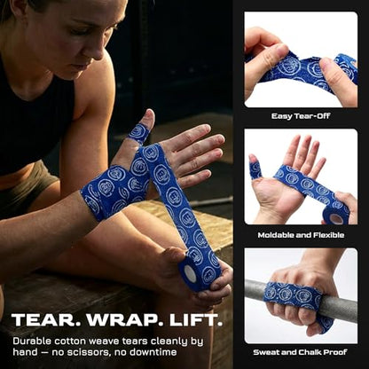 Weightlifting Hook Grip Tape 23ft Roll – 100% Elastic Sweat & Chalk Proof Thumb Tape for Crossfit, Gym, Weightlifting, Pull Ups, Gymnastics, Rowing & Multi-Sport Grip Protection - 6 Pack (Blue)