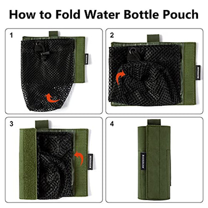 BASSDASH Tactical Molle Water Bottle Pouch with Carabiner Foldable Mesh Holder Bag for Travel Fishing Hunting Hiking Outdoor Activities - color: Army Green with Molle Straps