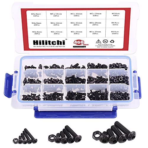 Hilitchi 460-Pcs M3 M4 M5 Button Head Hex Socket Head Cap Bolts Screws Nuts Assortment Kit - 10.9 Grade Alloy Steel - color: Button Head Hex Socket