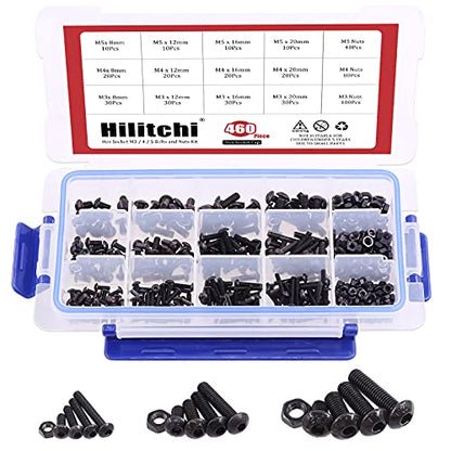 Hilitchi 460-Pcs M3 M4 M5 Button Head Hex Socket Head Cap Bolts Screws Nuts Assortment Kit - 10.9 Grade Alloy Steel - color: Button Head Hex Socket