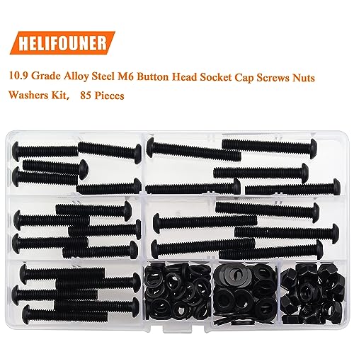 HELIFOUNER 85 Pieces M6 x 30mm /35mm /40mm /45mm /50mm, Button Head Socket Cap Metric Screws Bolts Washers Nuts Kit, 10.9 Grade Alloy Steel, Fully Threaded, Black - size: M6 x 30/35/40/45/50mm, style: Button Head