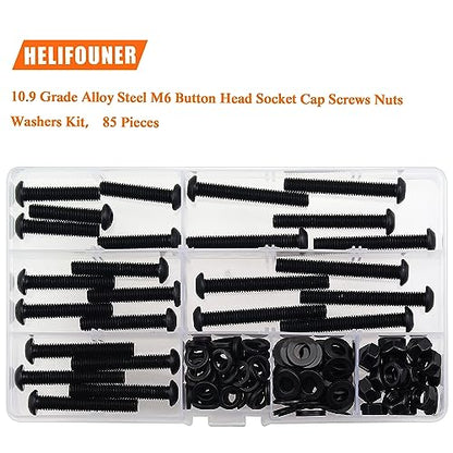 HELIFOUNER 85 Pieces M6 x 30mm /35mm /40mm /45mm /50mm, Button Head Socket Cap Metric Screws Bolts Washers Nuts Kit, 10.9 Grade Alloy Steel, Fully Threaded, Black - size: M6 x 30/35/40/45/50mm, style: Button Head