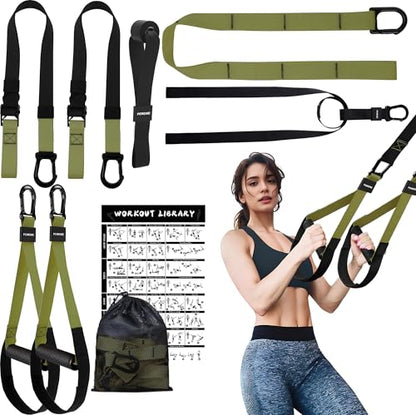 Home Resistance Training Kit | Full-Body Workout with Suspension Trainer Straps, Door Anchor, Handles, and Carrying Bag | Complete Home Gym Equipment - color: Army Green