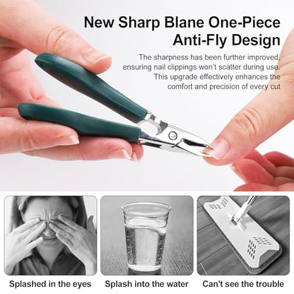 Eagle Beak Nail Clippers for Ingrown & Thick Nails – Beveled/Slanted/Angled Blades, Long Handle Wide Jaw, Anti-Splash Ultra Sharp Stainless Steel Edge 3-Piece Set for Men/Women (Green) - color: Green