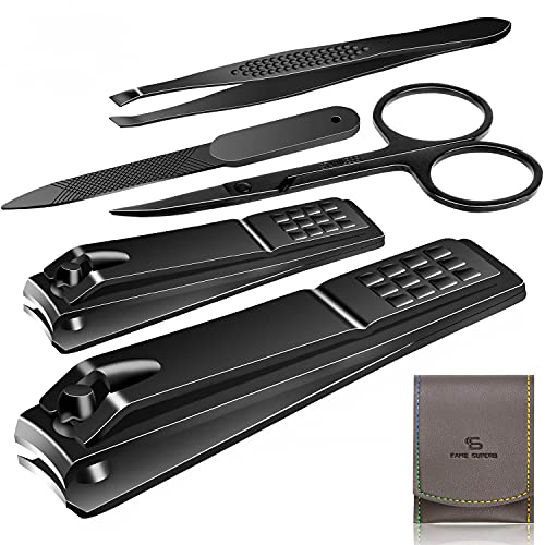 Manicure Pedicure Kit Nail Clippers Set Fingernails & Toenails Vibrissac Scissor 5 Pieces Best Care Tools for Man & Women with Travel Case (Gray/Black_A) (Gray/Black_A) - color: Gray/Black 5 Pieces