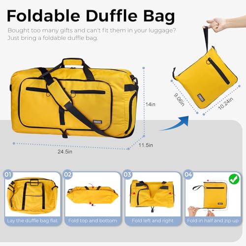 Fmeida 65L Duffle Bag with Shoes Compartment, Foldable Travel Duffel Bags for Men Women, Large Packable Travel Bag Water Repellent & Tear Resistant (Yellow) - color: Glossy Yellow