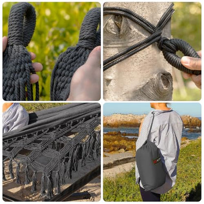 JoyView Boho Macrame Double Hammock with Hanging Ropes & Elegant Tassels 86.6x59 Portable Cotton Hammock for Patio Backyard Porch 450LBS Weight Capacity Perfect for Outdoor/Indoor - Dark Grey