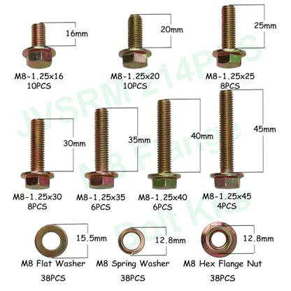 214pcs Grade 10.9 Metric Flange Bolts Assortment Kit, M8x1.25 Bolts (16-45mm), Metric Bolts and Nuts Assortment, Hex Bolt and Nut Washers Kit, Yellow Zinc Plated - size: 214PCS Metric Flange Bolt Kit M8, Grade 10.9