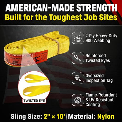 DD Sling (USA Made). 2" wide X (4' to 20' lengths) in Listing! 2 Ply Twisted Eye, Nylon Lifting Slings, Eye & Eye, Heavy Duty (900 webbing), 6,400 lbs Vertical, 5,100 Choker, 12,800 Basket Load Capacity (2inX10ft) - size: 2inX10ft