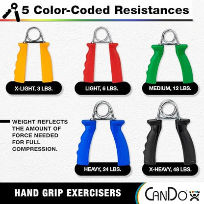 CanDo Hand Grip Exerciser 5 pair set, X-Light - X-Heavy (Yellow, Red, Green, Blue, Black)