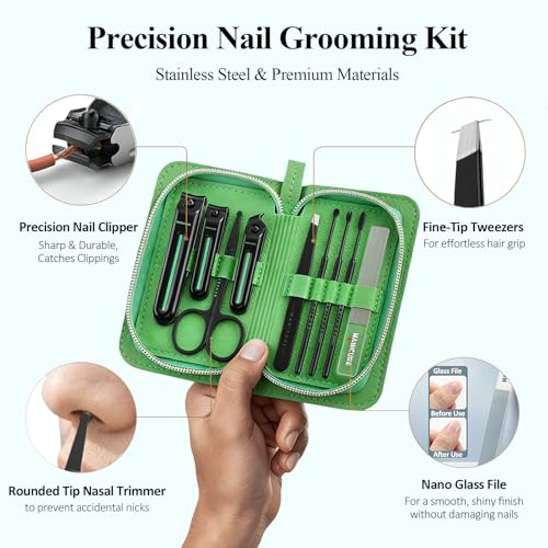 9-in-1 Manicure and Pedicure Kit for Men & Women, Travel Nail Clipper Set with Stainless Steel Tools & Glass Nail File, Portable Grooming Kit in PU Leather Case, Personal Care Gift - color: Green-Black