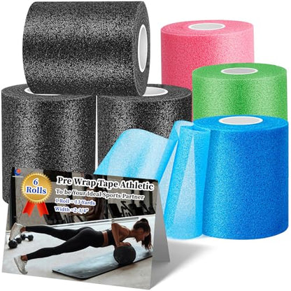 Pre Wrap for Hair Soccer- 6 Rolls 78yd (234'), Multi Color Athletic Prewrap Tape Headbands, Foam Sport Underwrap Pre-Wrap - Black, Pink, Blue, Green - style: Black, Pink, Blue, Green