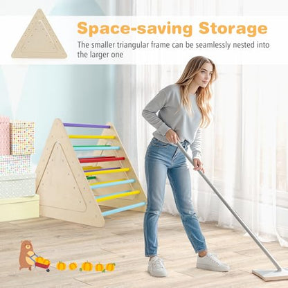 HONEY JOY Pikler Triangle Set, 5 in 1 Montessori Wooden Triangle Climber w/ 2 Stackable Ladders & Climbing Ramp, 3-Piece Baby Indoor Playground Jungle Gym, Climbing Toy for Toddlers, Colorful - style: 5 In 1 Yellow