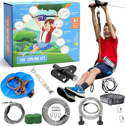 Zip Line Kit for Kids and Adults, 100/120 / 150/200 ft, Up to 350 Lbs, Rustproof Stainless Steel, Quick Setup with Ratchet, Safety Harness, Backyard Adventure Fun Includes Climbing Holds - size: 100' Zipline Kit