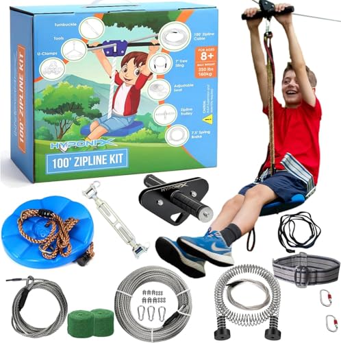 Zip Line Kit for Kids and Adults, 100/120 / 150/200 ft, Up to 350 Lbs, Rustproof Stainless Steel, Quick Setup with Ratchet, Safety Harness, Backyard Adventure Fun Includes Climbing Holds - size: 100' Zipline Kit