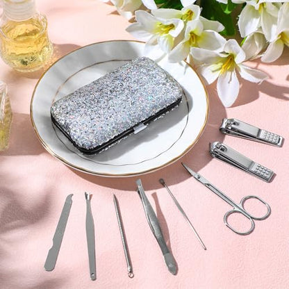 Geosar 12 Set 8 in 1 Manicure Kit Gifts Stainless Steel Nail Clippers Set Pedicure Care Tools with Leather Case Travel Portable Grooming Kit for Women Men Nurse Hands Foot(Glitter Silver) - color: Glitter Silver