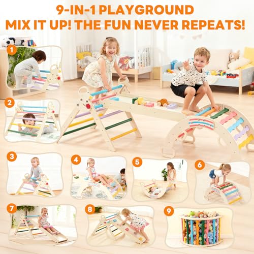 DUMOS Pikler Triangle Set, Toddler Climbing Toys and Play Structure Indoor, 9-in-1 Wooden Montessori Climbing Set with Arch, Ramp and Ladder, Foldable Baby Jungle Gym, Rainbow - color: Rainbow