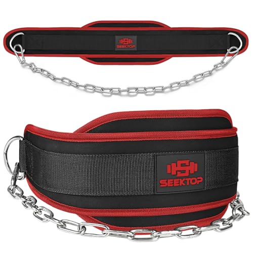 Seektop Dip Belt With Chain for Weightlifting - Neoprene Waist Belt for GYM Workout, Pull Ups, Crossfit, Weight Lifting, Squat, Training, Fitness - for Men & Women - color: Red