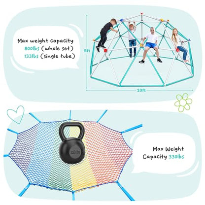 Hapfan Climbing Dome with Climbing Cargo Net, 10 ft Dome Jungle Gym with Hammock for Kids Outdoor Playset Monkey Bars Backyard - color: White and Green