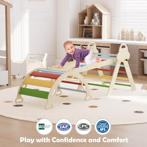 doowroodni Pikler Triangle Set 7in1 Toddler Climbing Toys Indoor Foldable Baby Climbing Toys Wooden Montessori Climbing Set with Arch, Ramp, Ladder for 1-3 Years, Jungle Gym for Kids