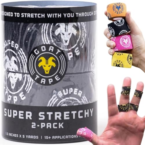 Goat Tape Super Stretchy Thumb Tape - Weightlifting Hook Grip Tape & WOD Tape for Cross Training, Gym Workout Tape, Athletic Finger Wrap - Flexes with Every Move - 15 Feet per Roll (Black 2-Pack) - color: Black 2-pack