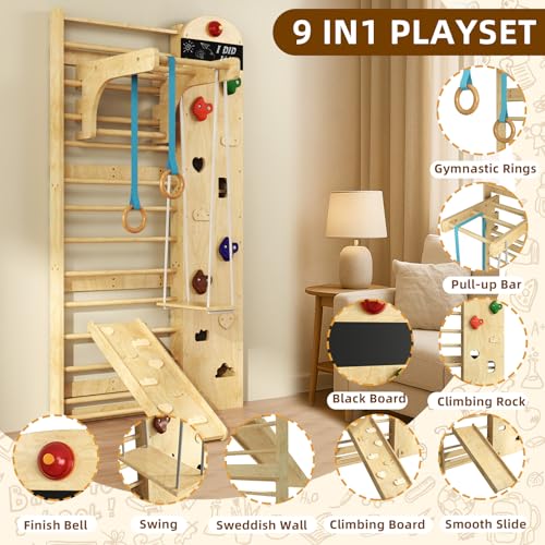 Swedish Ladder 7-in-1, Indoor Wooden Playground, Rock Climbing Wall for Kids and Adults, Kids Indoor Playset, Wooden Jungle Gym, for All Levels and Abilities