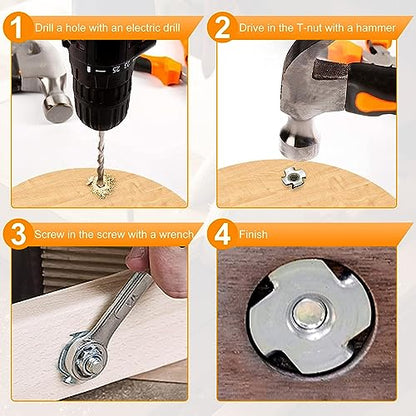 5/16"-18 T-Nut (50 Packs), Zinc Plated Carbon Steel T-Nut | 7/16" Barrel Length, 4 Pronged Tee Blind Nuts, Threaded Inserts for Wood, Rock Climbing Holds, Cabinetry, Furniture - size: 5/16"-18